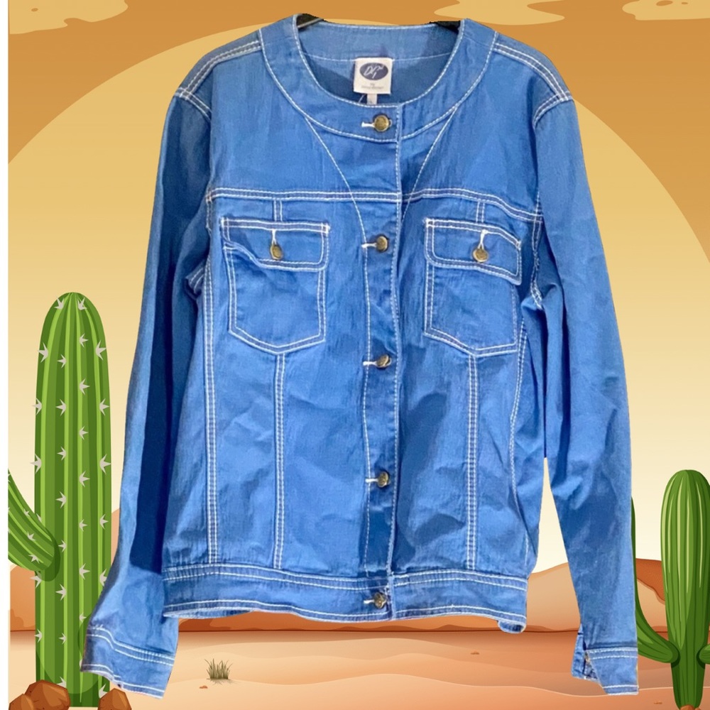 DG2 Diane Gilman L Blue Jacket White Topstitch denim Twill Fall Autumn - Picture 12 of 13